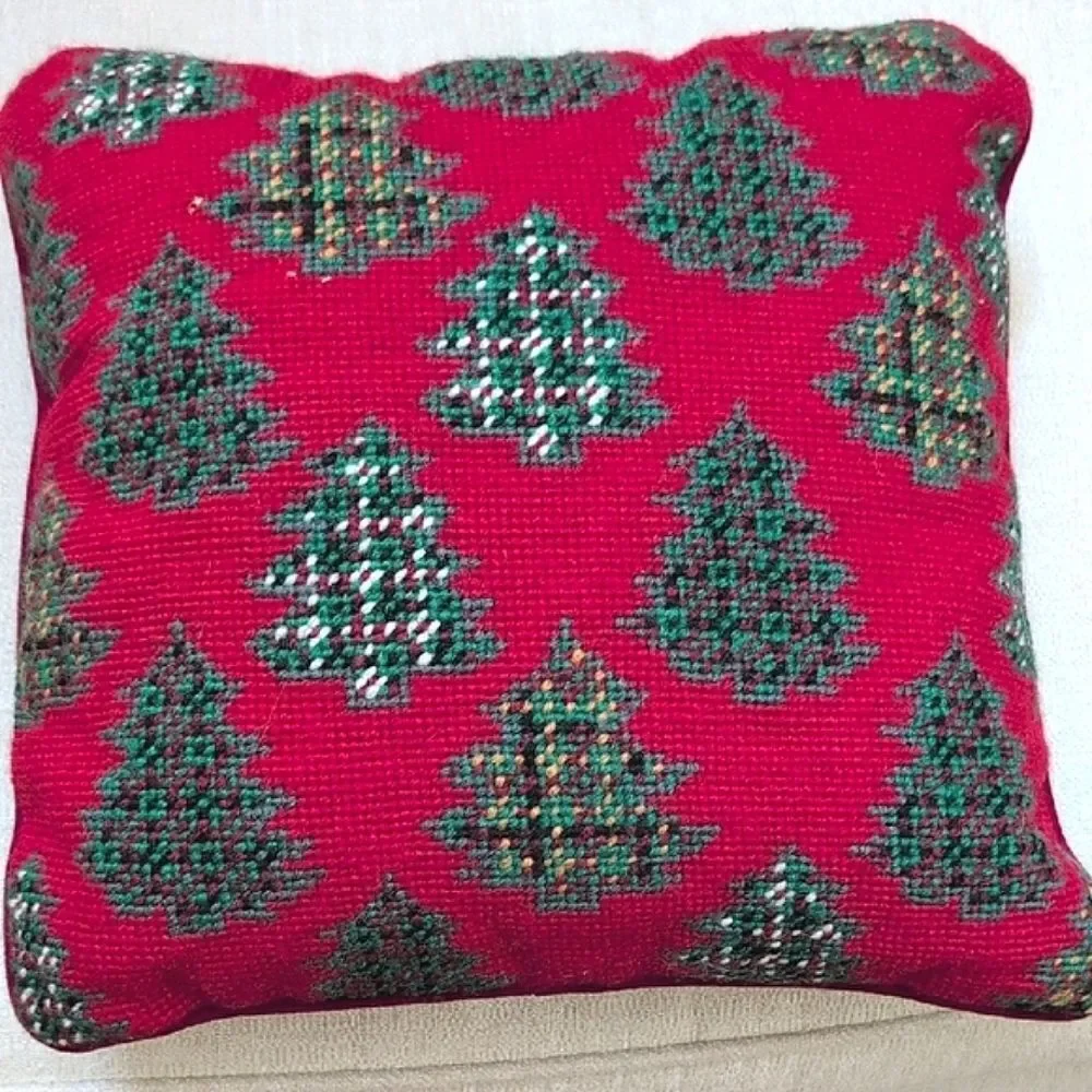 Festive Red & Green Needlepoint Christmas Tree Holiday Pillows Vintage Set of 2
